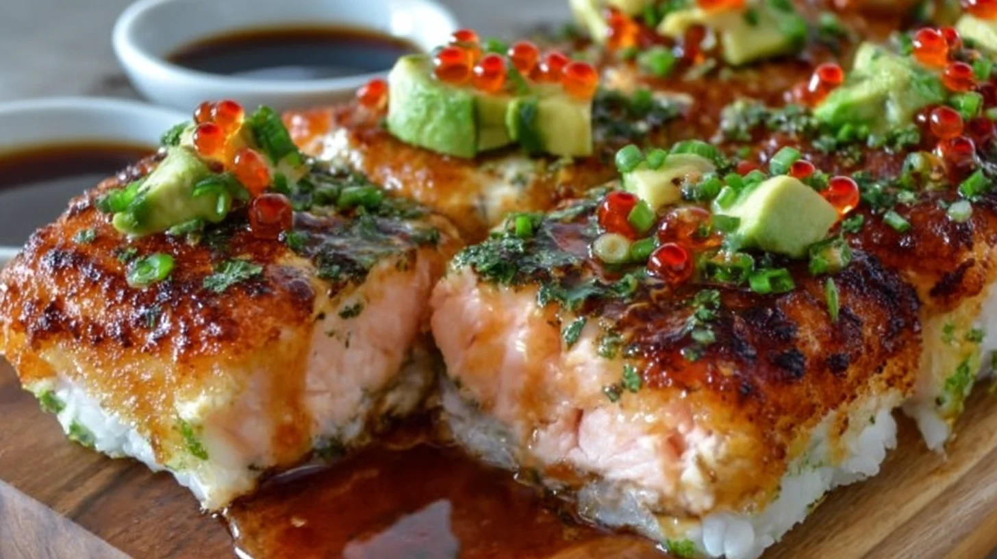 Spicy Salmon Sushi Bake Dish in a casserole pan with toppings