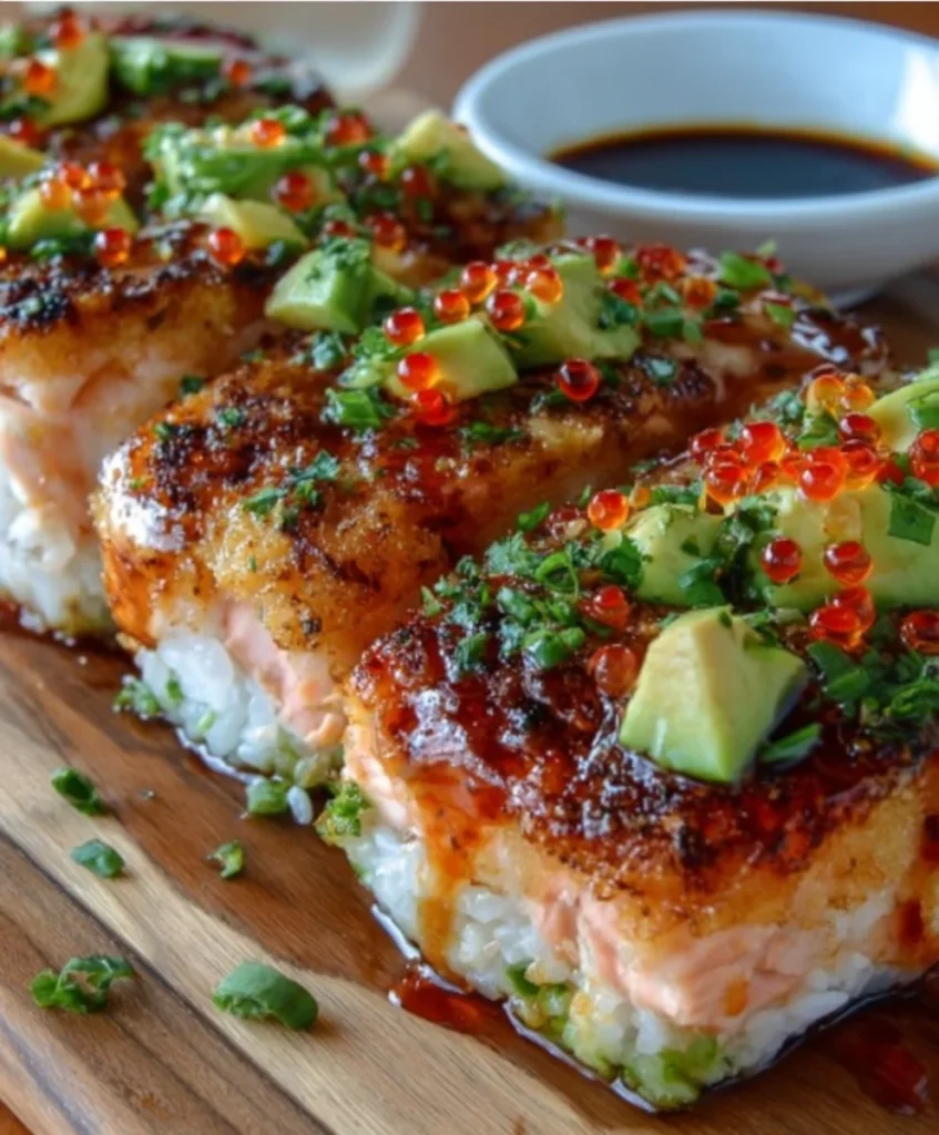 Close-up of Spicy Salmon Sushi Bake Dish