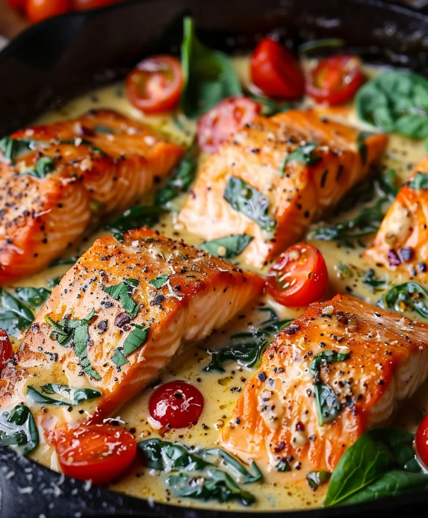 Close-up of seared salmon fillets simmering in a creamy Italian sauce with tomatoes and fresh herbs.