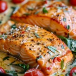 Creamy Sauce Tuscan Salmon in skillet