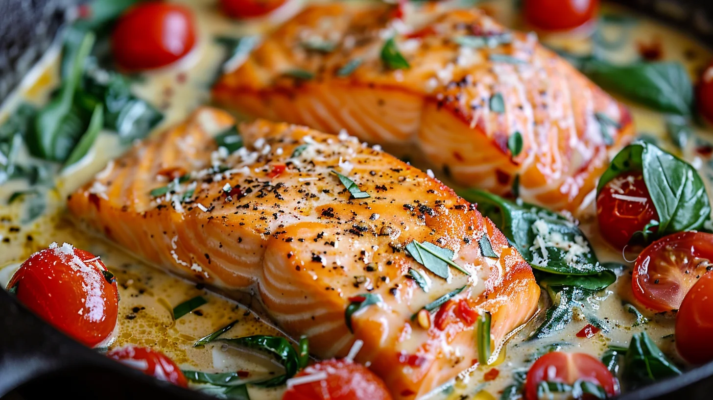 Creamy Sauce Tuscan Salmon in skillet