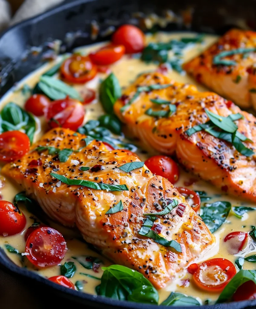 Creamy Tuscan salmon in a skillet with cherry tomatoes, spinach, basil, and a rich garlic parmesan sauce.