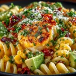 A close-up of Mexican street corn pasta salad with rotini, corn, avocado pieces, cilantro, and peppers mixed in a creamy dressing.