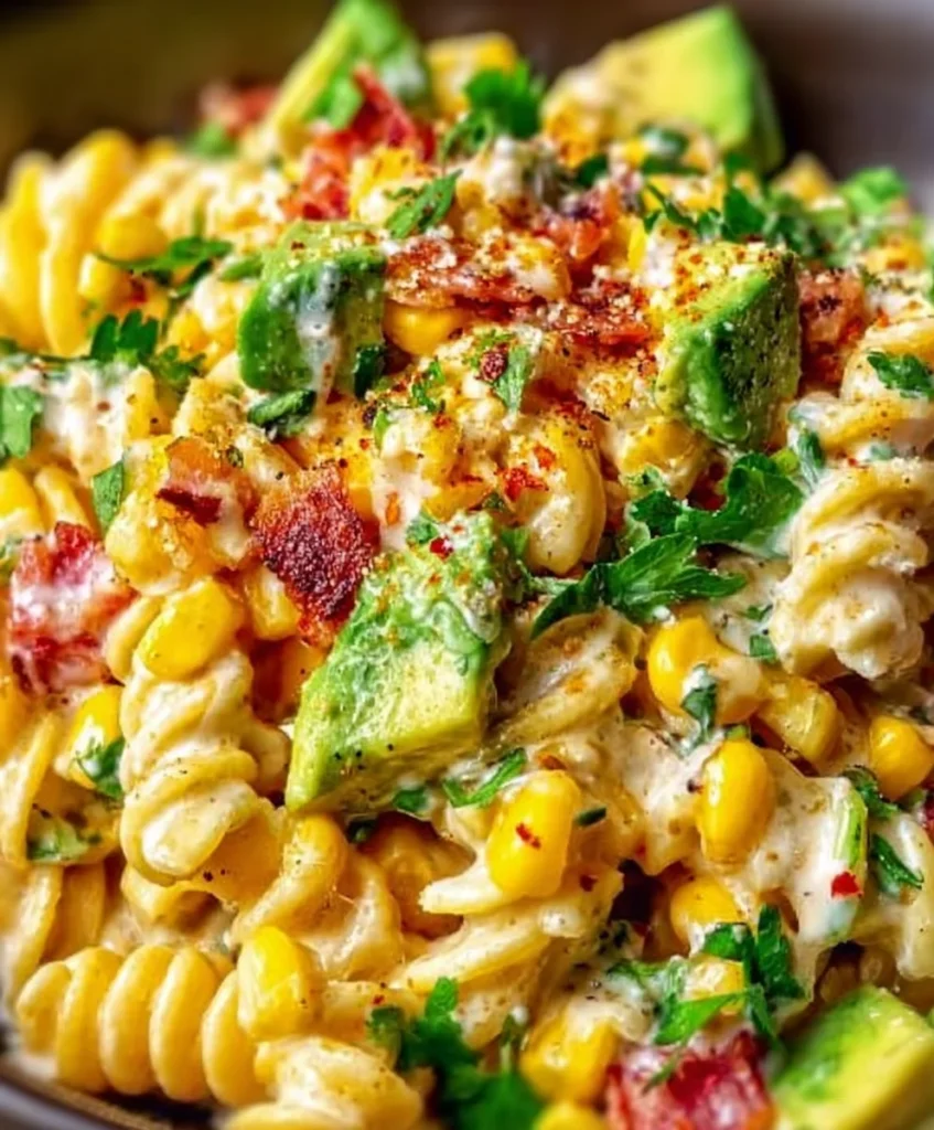 A bowl of creamy rotini pasta tossed with corn, diced avocado, herbs, and small bits of red pepper, shown in a bright, colorful close-up.