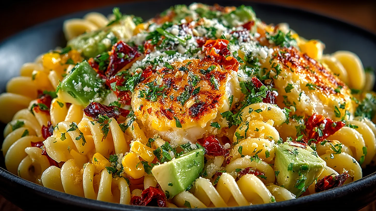 A close-up of Mexican street corn pasta salad with rotini, corn, avocado pieces, cilantro, and peppers mixed in a creamy dressing.
