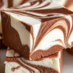 Stack of swirl marshmallow fudge squares showing chocolate and white marshmallow ribbons.