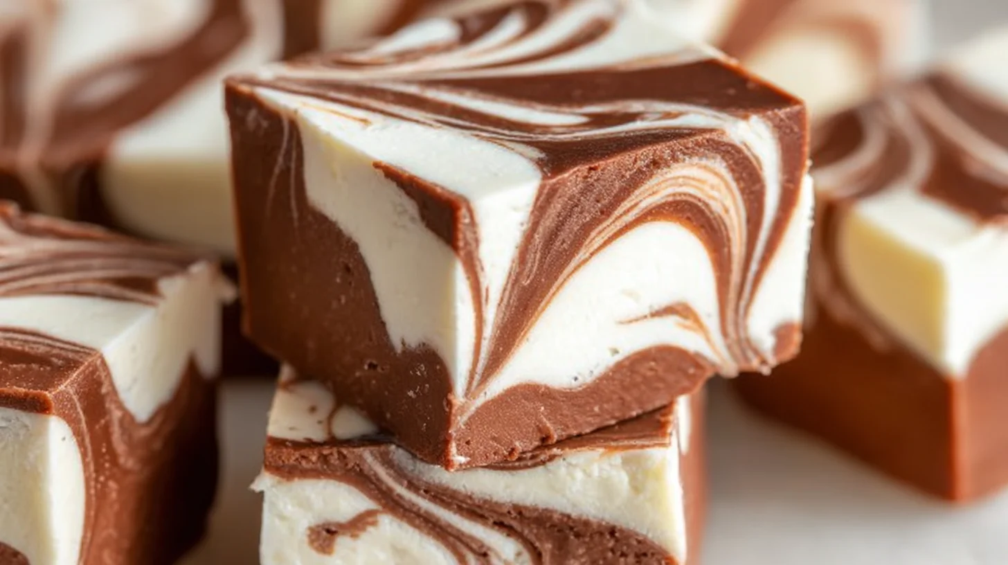 Stack of swirl marshmallow fudge squares showing chocolate and white marshmallow ribbons.