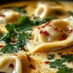 A close-up of creamy Thai-inspired soup with potstickers, garnished with cilantro and red chili flakes.