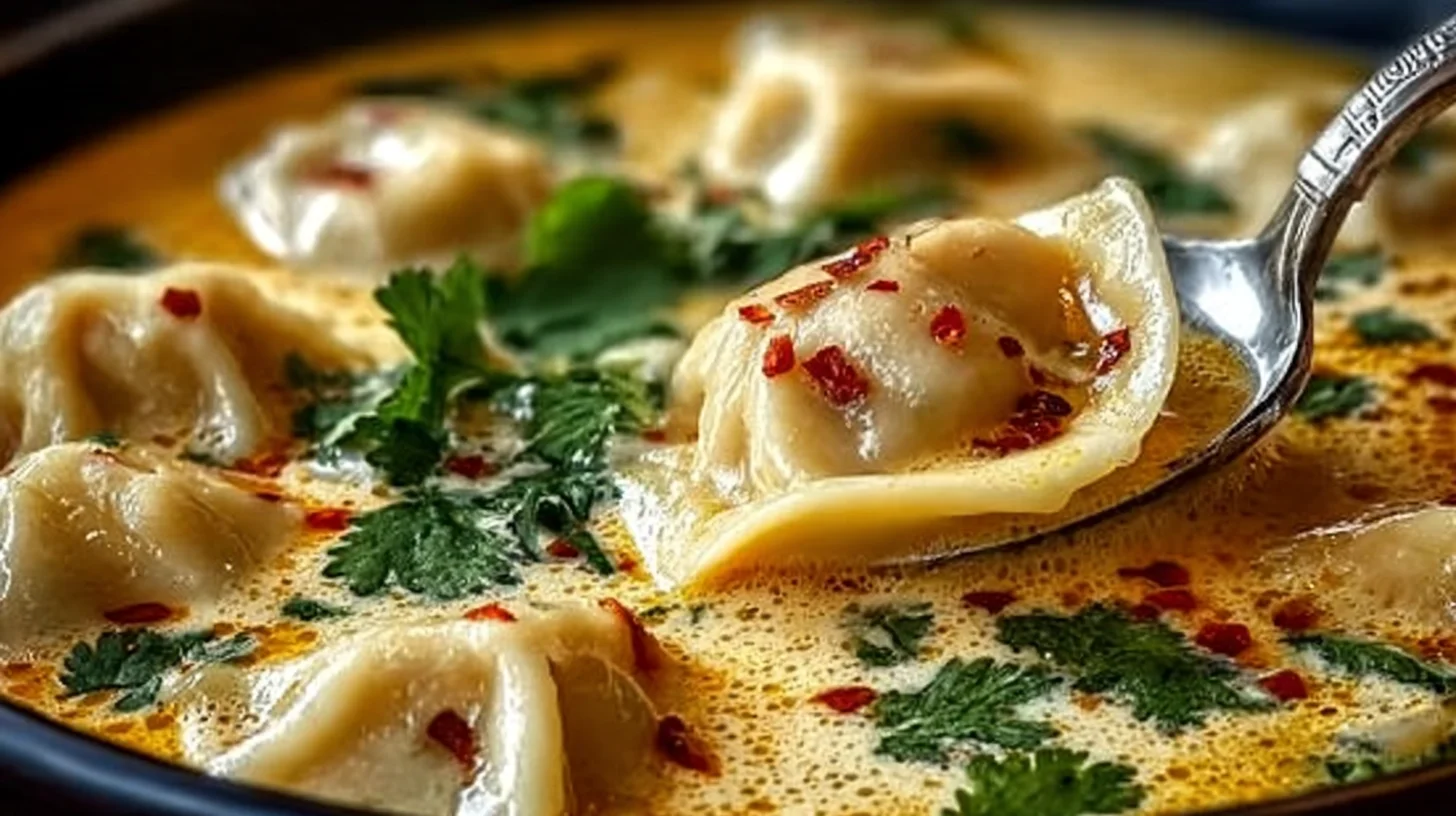 A close-up of creamy Thai-inspired soup with potstickers, garnished with cilantro and red chili flakes.