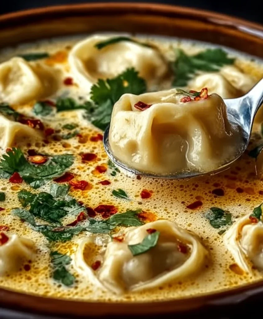 Dumplings floating in a rich, golden coconut broth with herbs and spices in a close-up soup image.