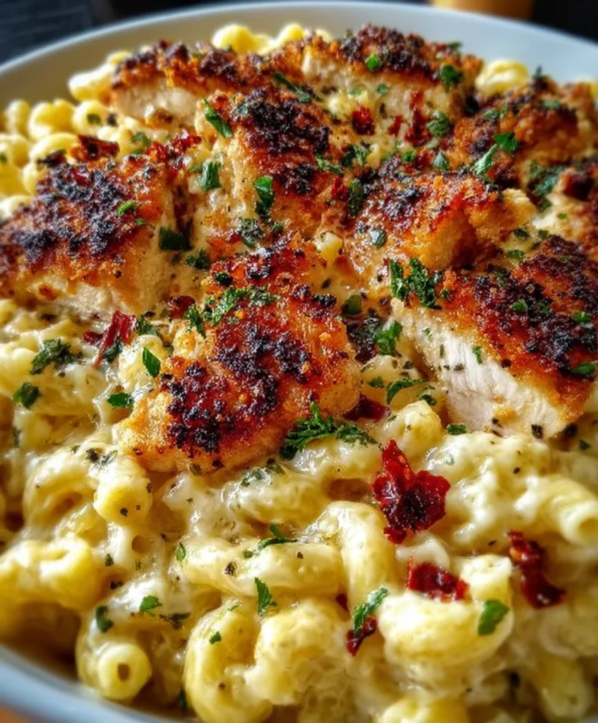 Close-up shot of caramelized honey pepper chicken pieces on creamy mac and cheese.