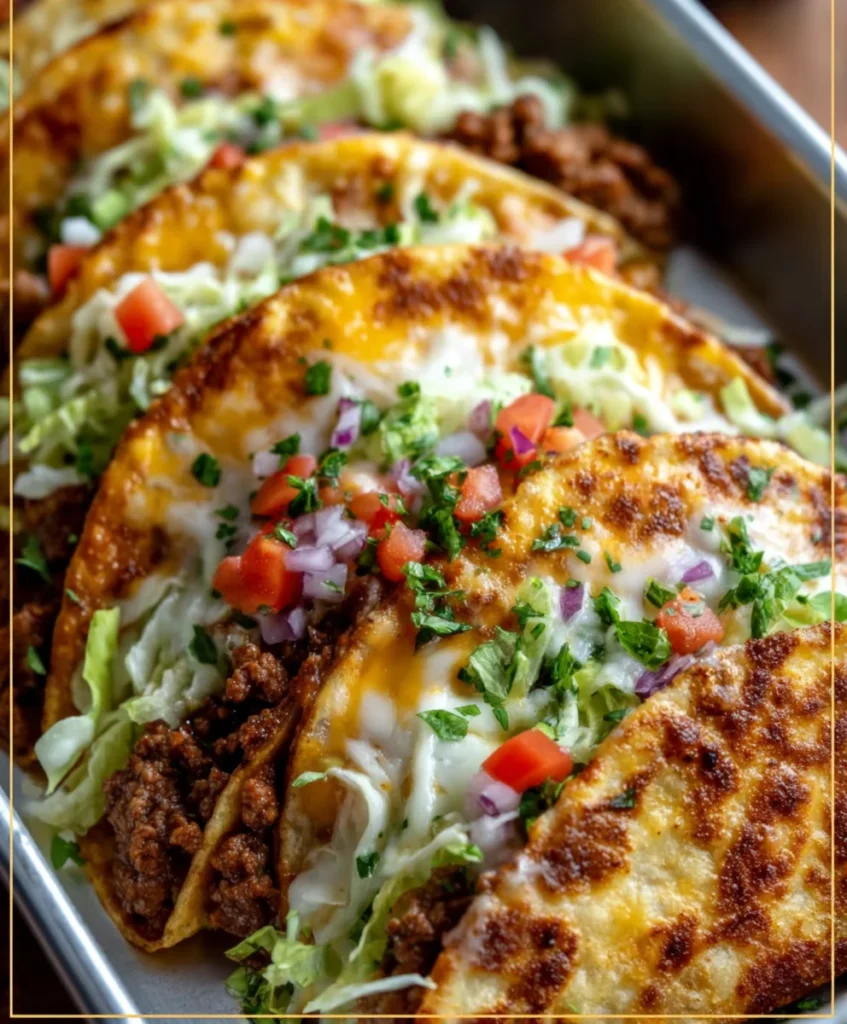 Golden crispy tacos packed with cheesy beef and colorful fresh vegetables arranged closely together in a metal tray.