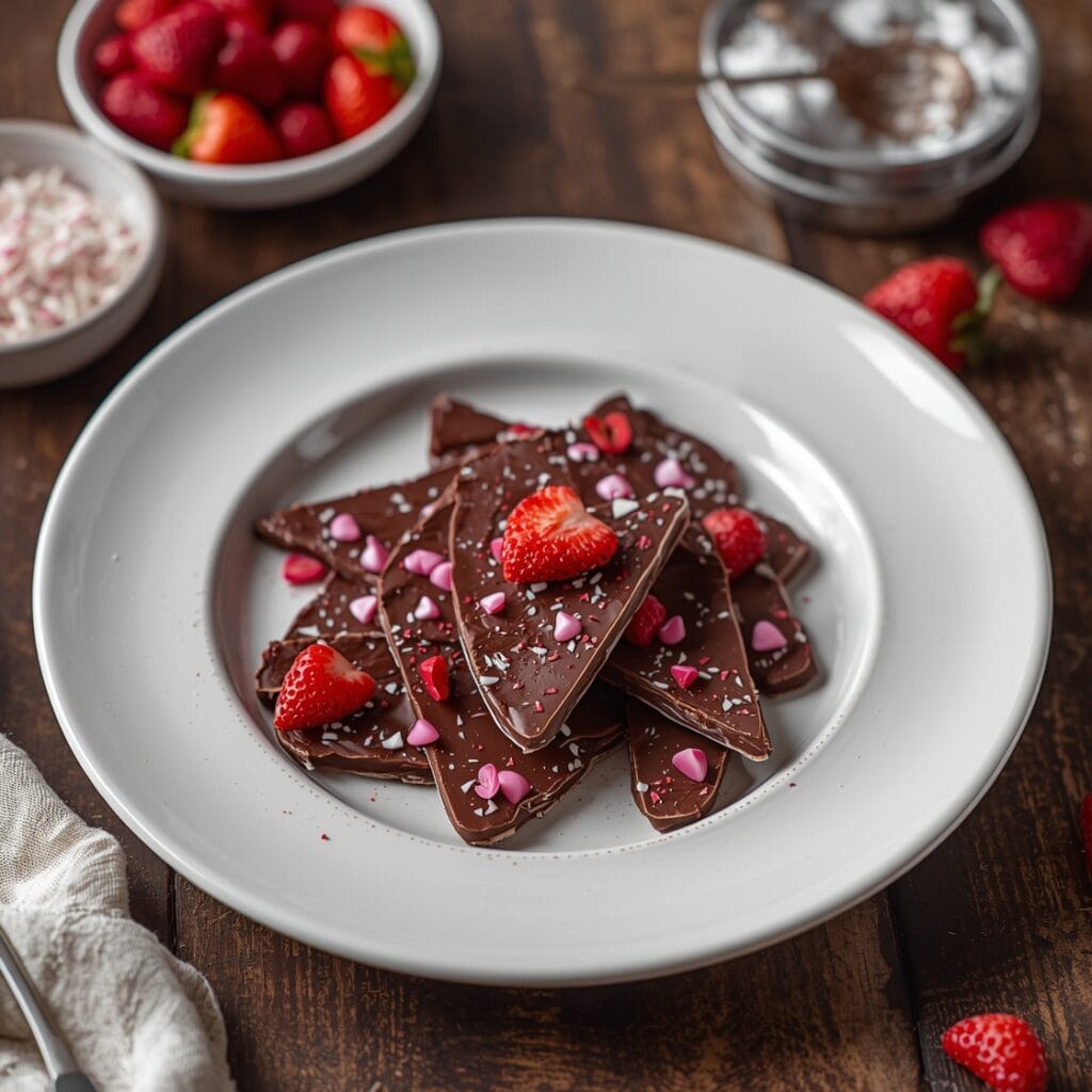 Valentines Chocolate Bark made with dark and white chocolate, topped with freeze-dried raspberries and festive Valentine sprinkles.