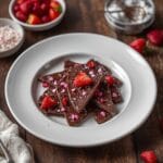 Valentines Chocolate Bark made with dark and white chocolate, topped with freeze-dried raspberries and festive Valentine sprinkles.