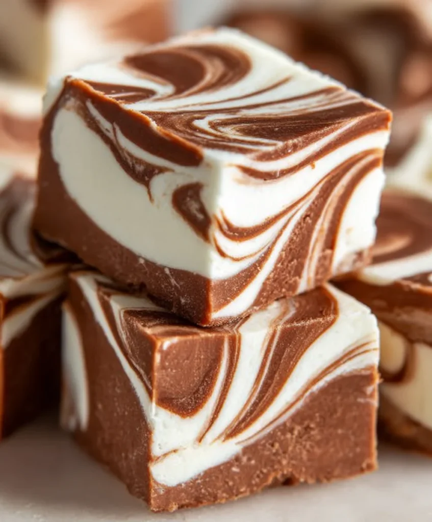Overhead view of swirl marshmallow fudge in a parchment-lined square pan.