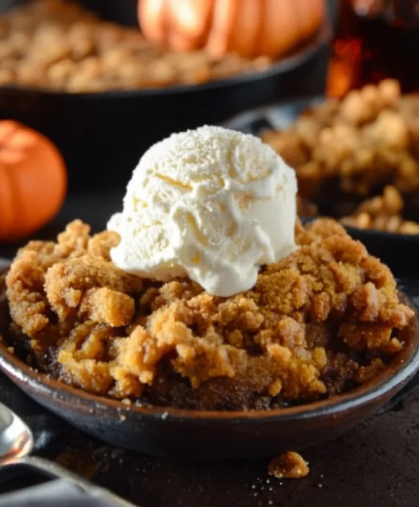 Close-up of a slice of Pumpkin Crisp Pie Dessert showing creamy pumpkin filling and crispy oat topping.