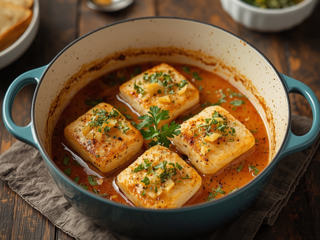 Oven-baked cod fillets drizzled with lemon butter sauce, garnished with fresh parsley in a baking dish