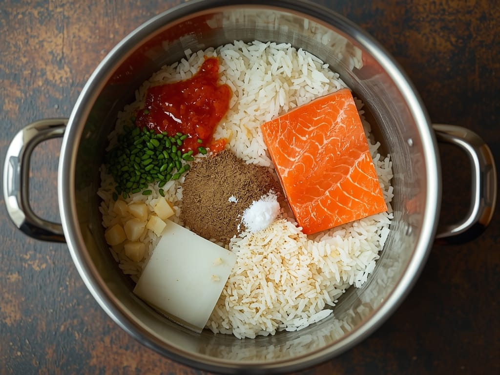 spicy salmon rice bowl - Process or ingredients