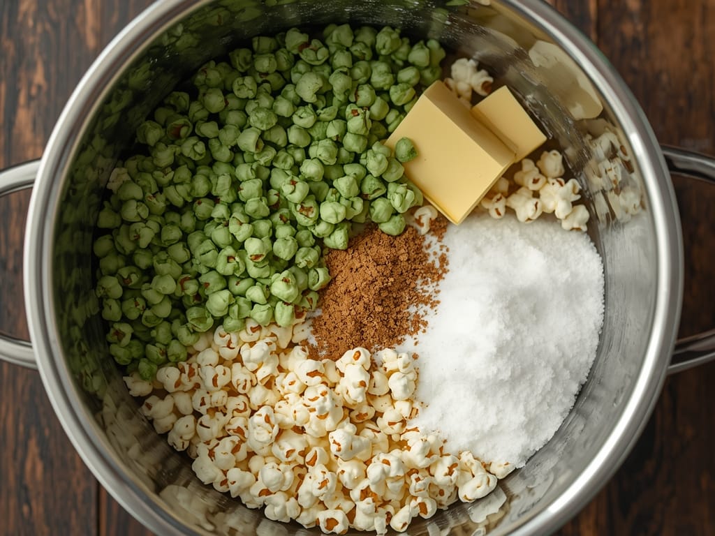 festive green popcorn mix - Process or ingredients