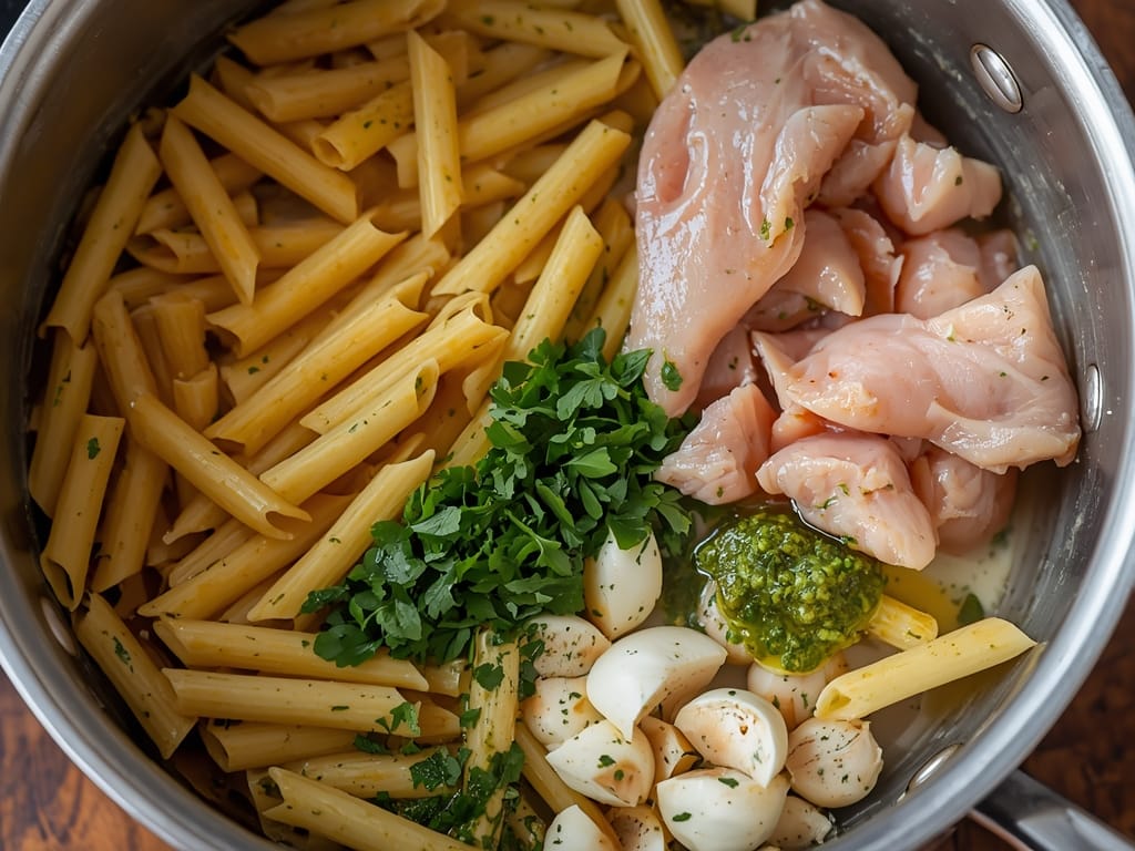 creamy pesto chicken pasta - Process or ingredients