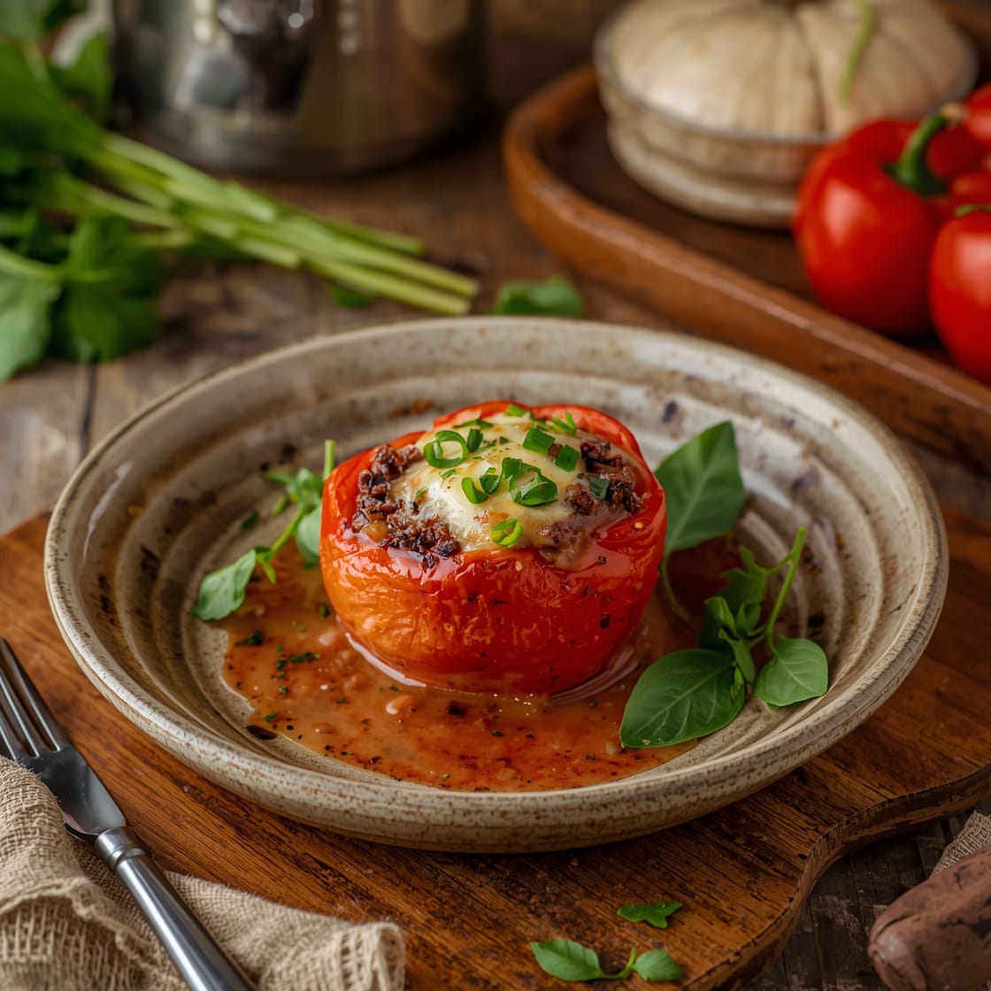 Cheesesteak stuffed peppers filled with steak, onions, and melted cheese