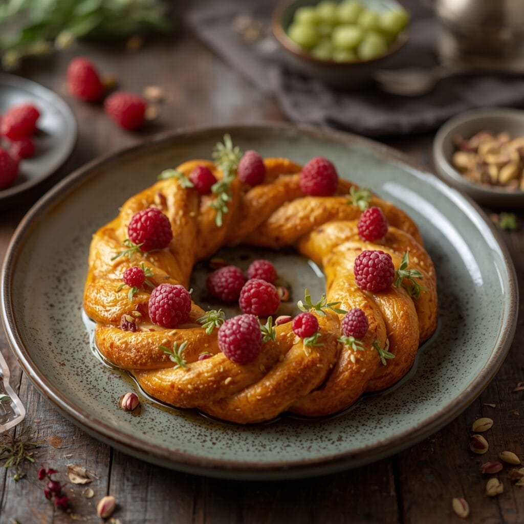 Raspberry pistachio wreath with braided dough, raspberry filling, and pistachio topping