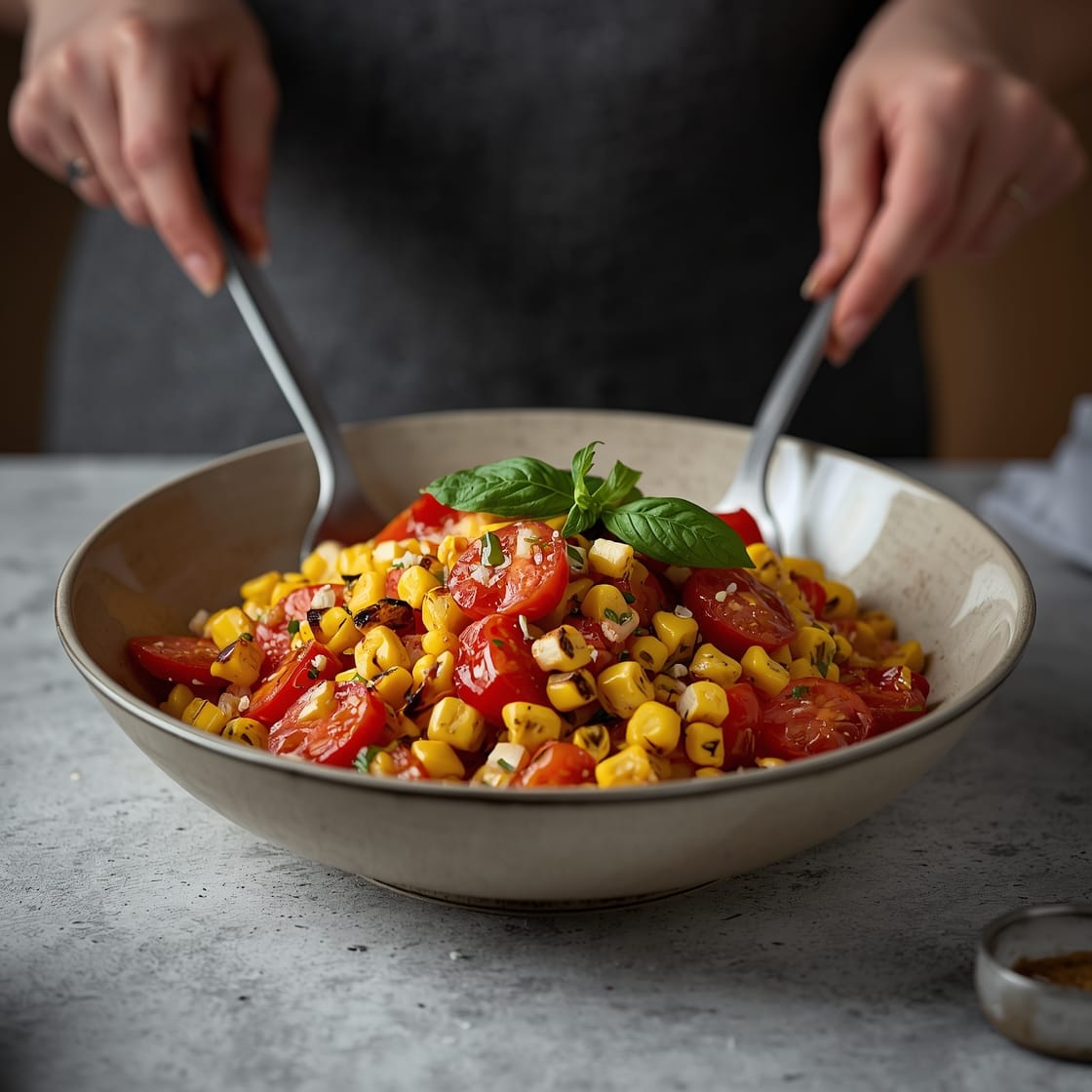 Grilled corn tomato salad with feta, fresh herbs, and lime dressing