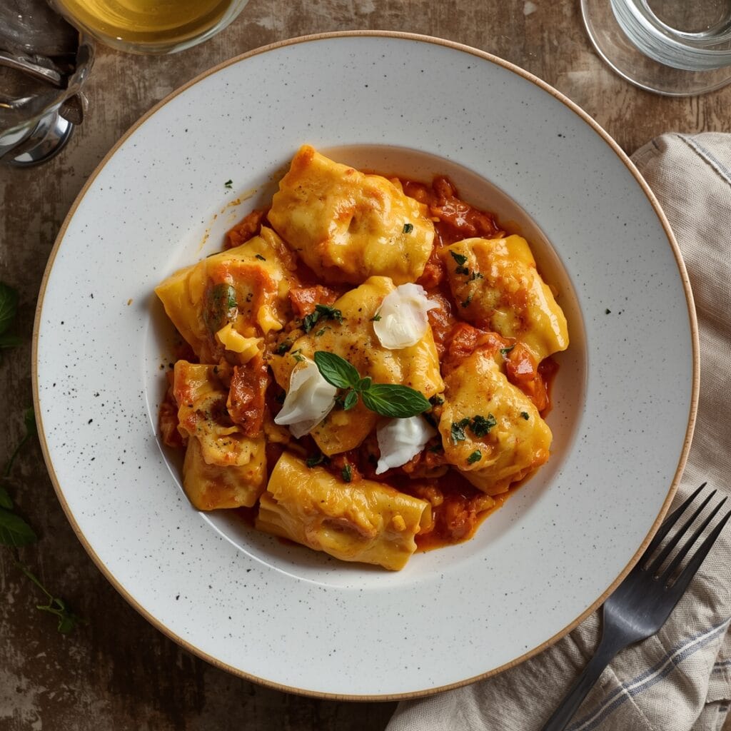 Baked cheesy tortellini in marinara sauce topped with melted mozzarella and Parmesan cheese