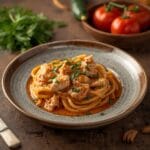 Spicy creamy chicken pasta with tender chicken and rich cream sauce in a skillet