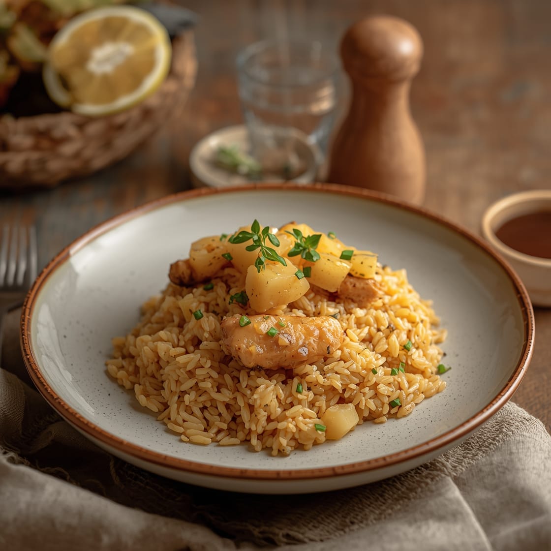 Sweet pineapple chicken rice with juicy chicken, rice, and fresh pineapple