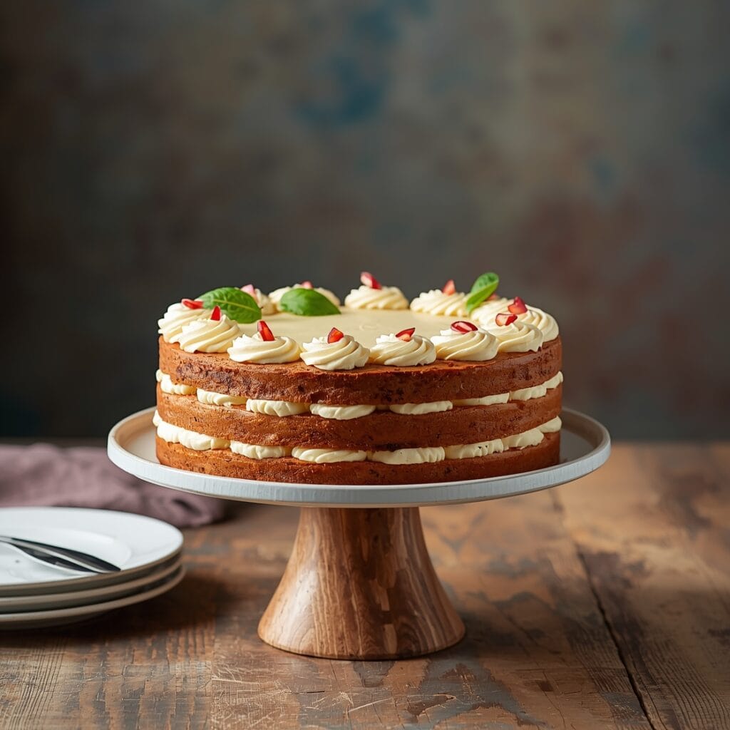 Layered Italian cream cake with cream cheese frosting, coconut, and pecans