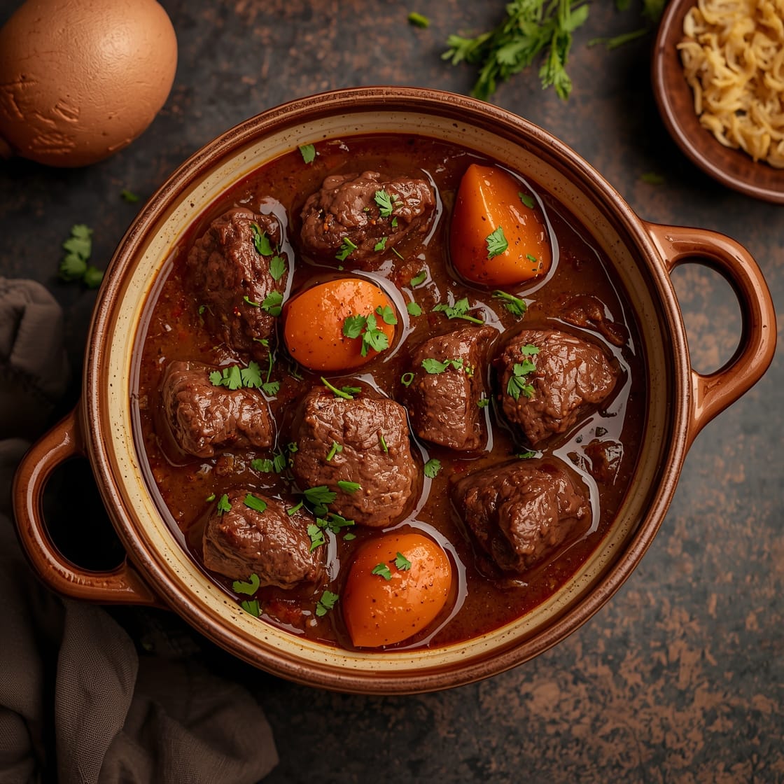 Traditional German beef stew with tender beef, potatoes, and carrots in a rich broth
