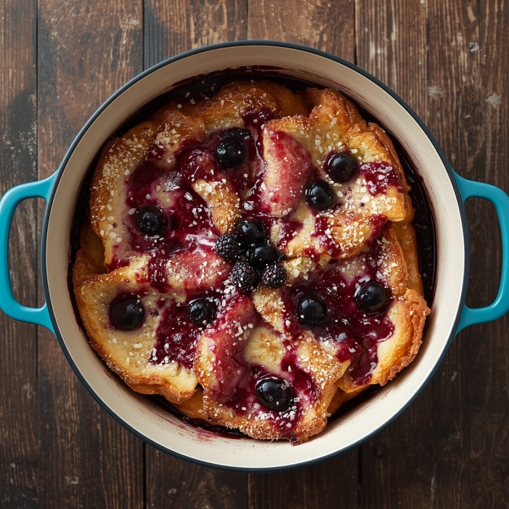 Baked blueberry French toast casserole with golden crumble topping, fresh blueberries, and custard-soaked brioche, served warm for breakfast or brunch.