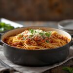Protein packed spaghetti bake with ground turkey, ricotta cheese, and melted mozzarella, baked until golden and bubbly in a casserole dish.