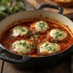 Crispy baked eggplant parmesan with tomato sauce and melted mozzarella.