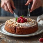 Almond raspberry cake topped with streusel and fresh raspberries.