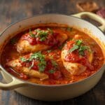 Baked salsa chicken topped with melted cheese and beans.