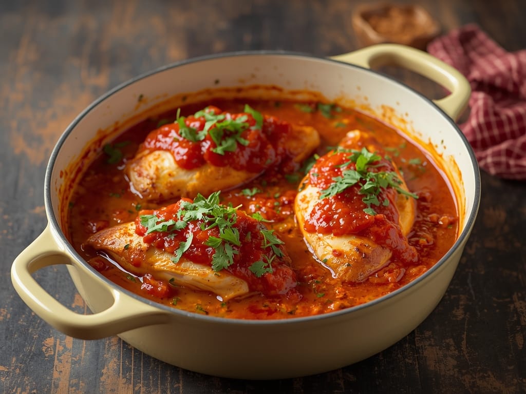 Baked salsa chicken topped with melted cheese and beans.