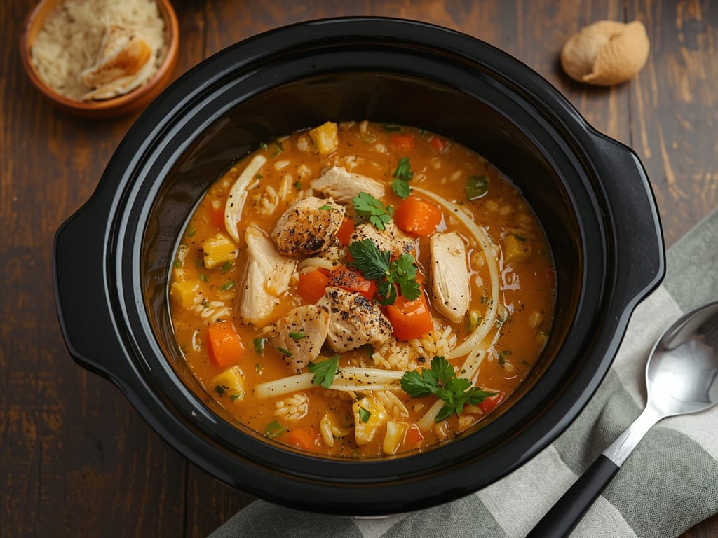 Slow cooker chicken rice soup with tender chicken and vegetables.