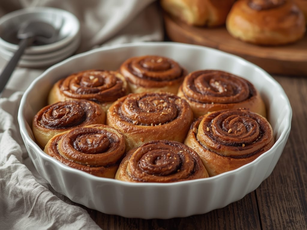 Chocolate swirl cinnamon rolls topped with cream cheese frosting, fresh from the oven