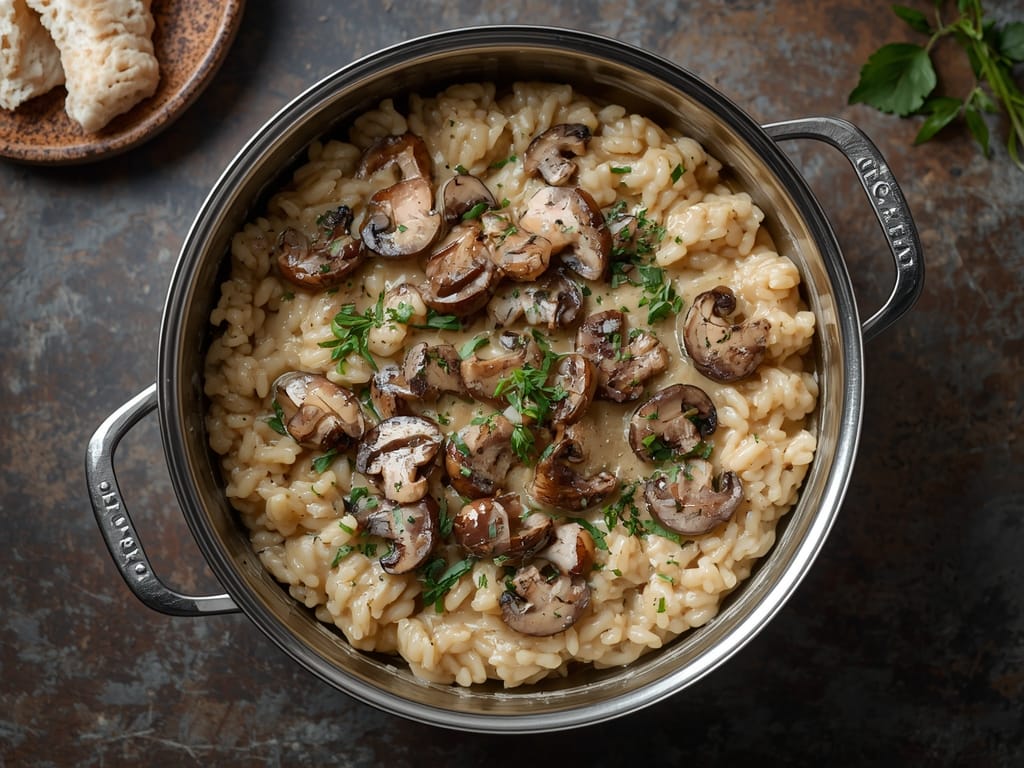 Creamy mushroom risotto made with Arborio rice, mixed mushrooms, and Parmesan cheese