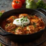Tex-Mex chicken skillet with zucchini, bell peppers, black beans, corn, and melted cheddar cheese in a cast iron pan