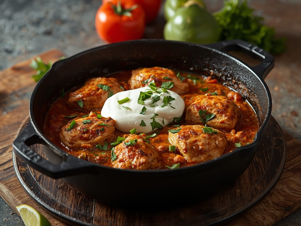Tex-Mex chicken skillet with zucchini, bell peppers, black beans, corn, and melted cheddar cheese in a cast iron pan