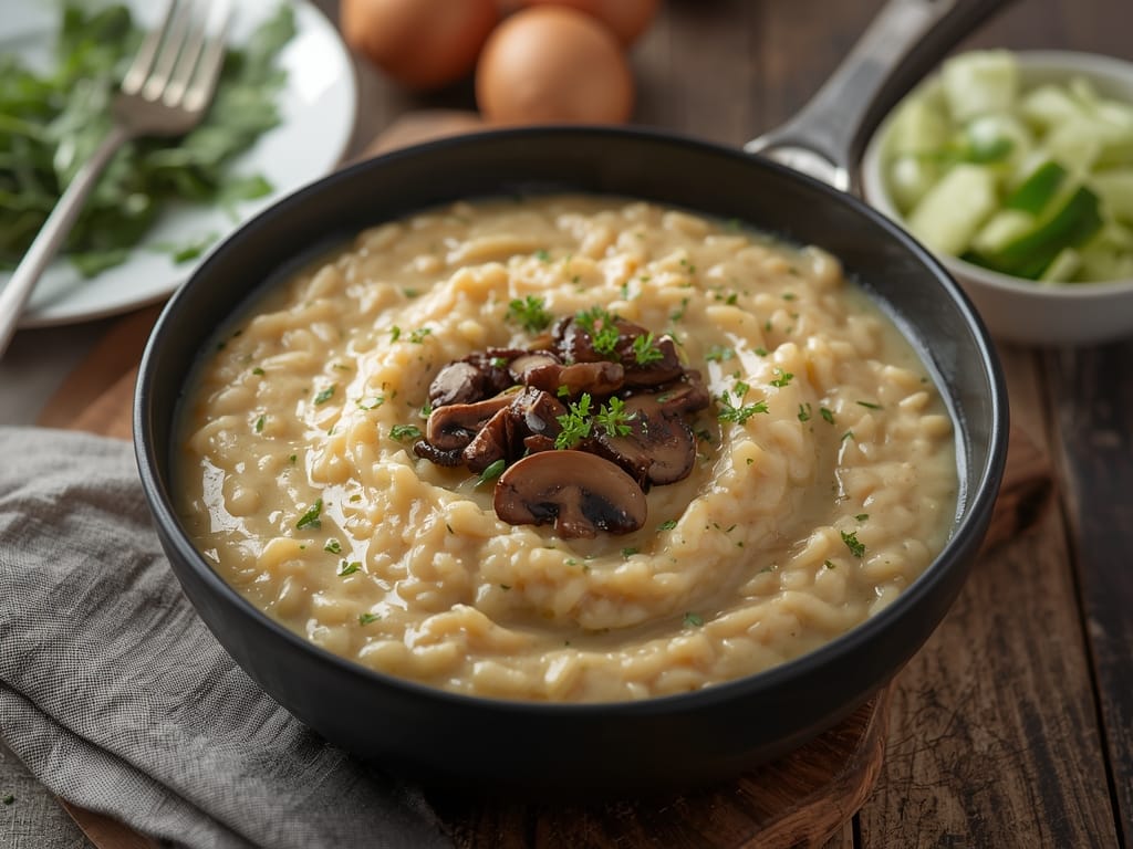 Creamy mushroom risotto with earthy mushrooms and parmesan, served warm and comforting