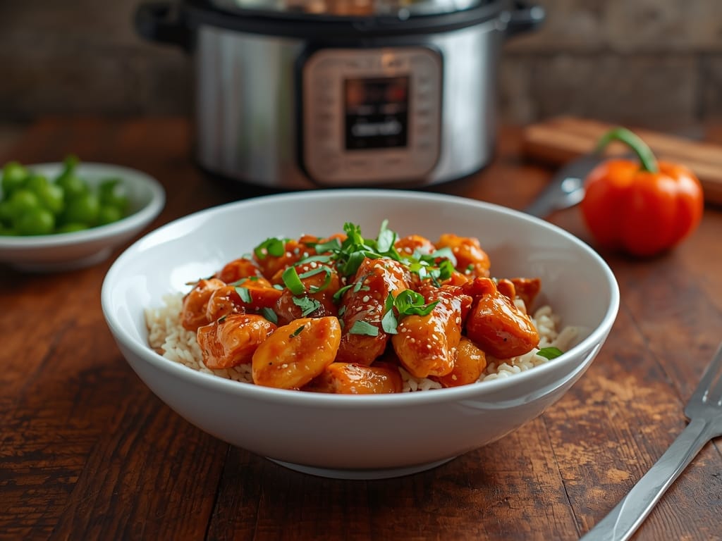 Sweet spicy chicken bowl with honey sriracha chicken, rice, broccoli, carrots, and sesame seeds