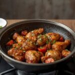 Hibachi style chicken cooked with sautéed vegetables and soy sesame sauce in a hot skillet