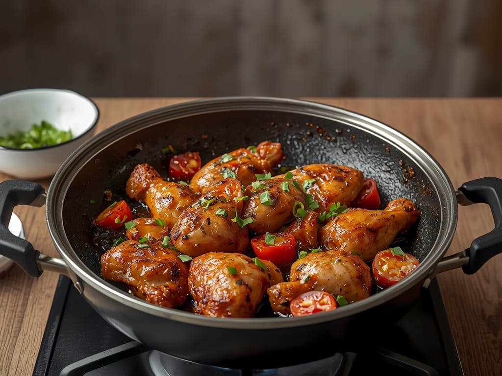 Hibachi style chicken cooked with sautéed vegetables and soy sesame sauce in a hot skillet