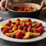 Valentine fruit platter arranged with strawberries, raspberries, blueberries, kiwi, pineapple hearts, and grapes