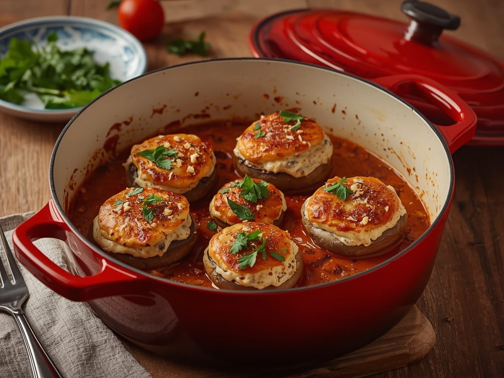 Baked stuffed portobello mushrooms filled with quinoa, sun-dried tomatoes, and melted cheese