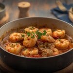 Oven roasted shrimp seasoned with garlic, paprika, and lemon on a sheet pan